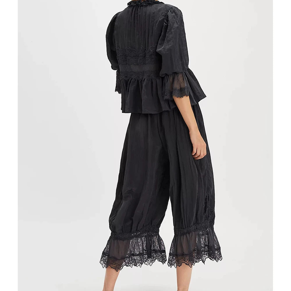 Women Kawaii Lace Trim 2 Piece Clothes Sets y2k Fairy Bow Tie Front Half Sleeve Shirts Ruffles Flared Lantern Pants Loungewear