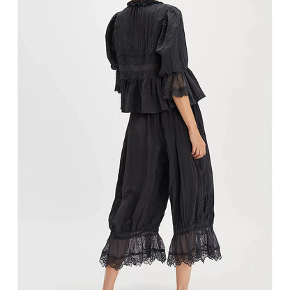 Women Kawaii Lace Trim 2 Piece Clothes Sets y2k Fairy Bow Tie Front Half Sleeve Shirts Ruffles Flared Lantern Pants Loungewear