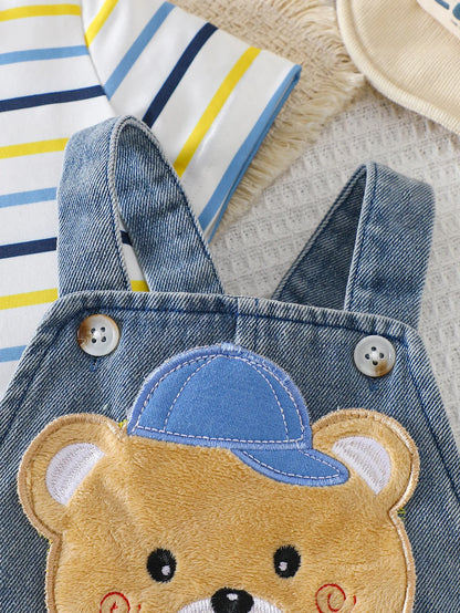 Baby Boy Striped Short-Sleeved T-Shirt + Bear Denim Overalls Shorts Set, Cute Summer Two-Piece Set, Soft and Breathable Childlike Outfit