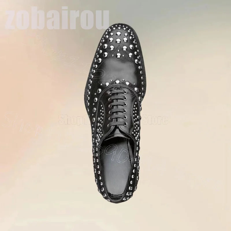 Metal Rivets Black Strappy Men Derby Shoes Fashion Slip On Men Shoes Luxury Handmade Party Feast Banquet Office Men Dress Shoes