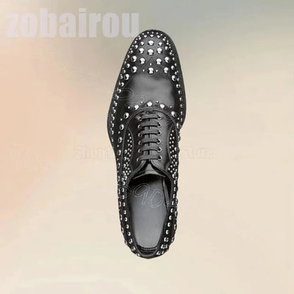 Metal Rivets Black Strappy Men Derby Shoes Fashion Slip On Men Shoes Luxury Handmade Party Feast Banquet Office Men Dress Shoes