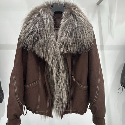 OFTBUY Women Suede Cropped Coat Oversized Real Fox Fur Collar Goose Down Jacket Winter Warm Drawstring Hem Daily Wear Outerwear