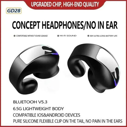 Bluetooth Headset 5.3 Bone Conduction Wireless Ear Clip Headphones IPX5 Waterproof Sport Gaming Earbuds Noise Cancelling