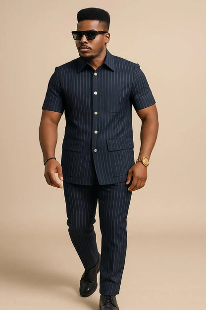 Safari Suits for Men Striped Men Suits with Short Sleeves 2 Pieces Set Summer Stripe Short Sleeve Shirt Pants Business Outfit