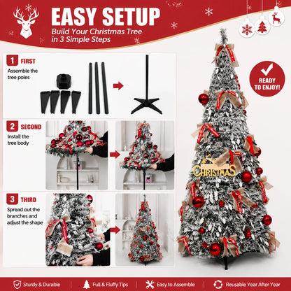 Foldable Christmas Tree with LED Lights Snow Flocked Artificial Xmas Tree Slim Space Saving Party Home Holiday Decoration