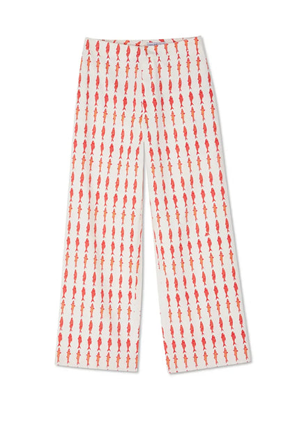 Summer Women Cartoon Red Fish Print O Neck Tank Top And Straight Female Long Pants Short Sleeve Shirt Wide Leg Pant 2 Piece Sets