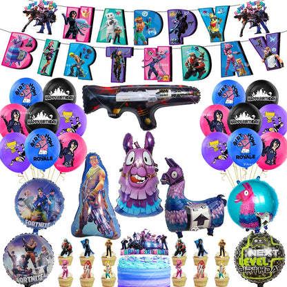 Fortnite Balloons Happy Birthday Banner Shooting Game Party Decoration Alpaca Llama Disposable Tableware Background Cake Topper