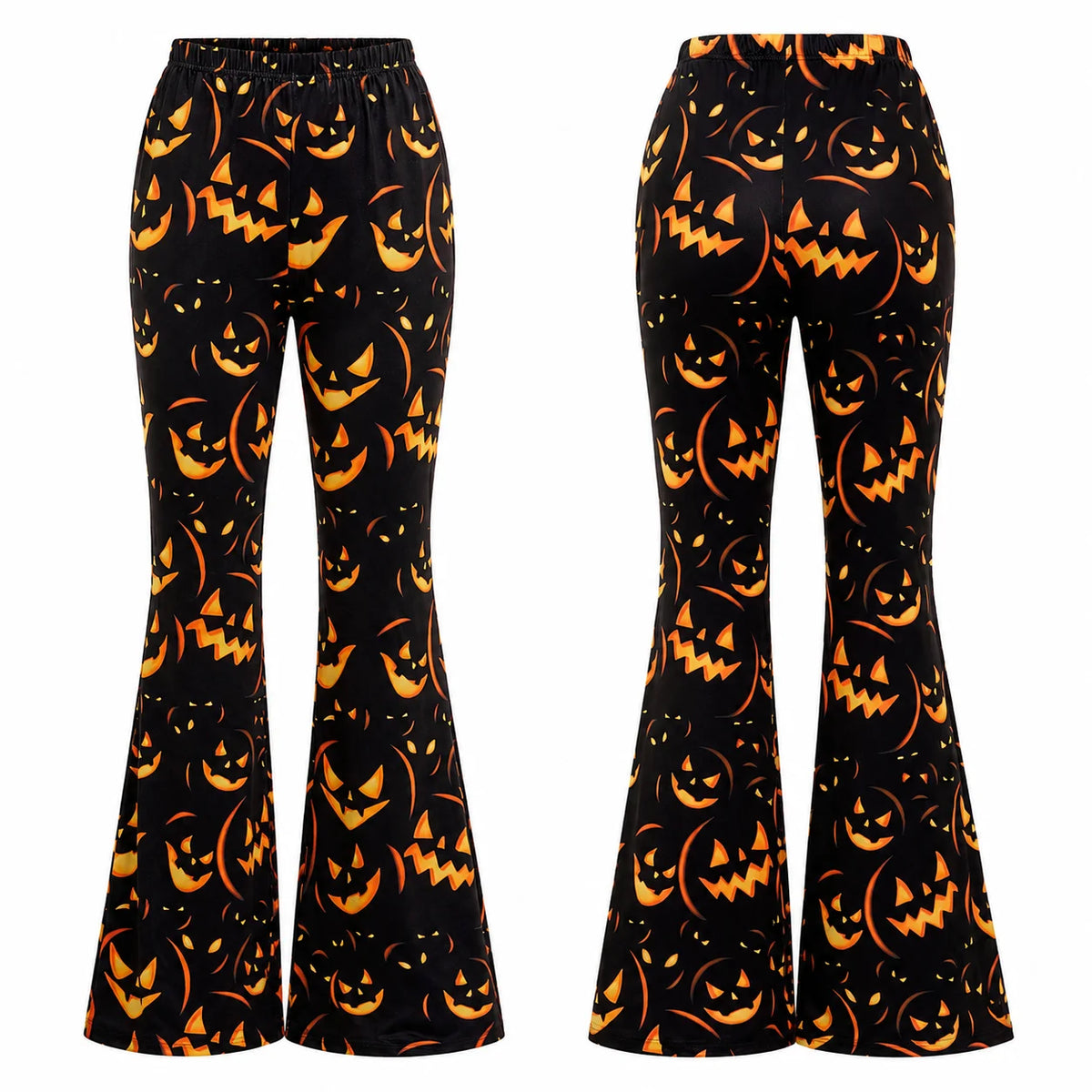 Womens Halloween Witch Cosplay Outfit, Off Shoulder Sheer Mesh Sleeve Corset Top Pumpkin Face Print Flare Pants & Witch Hat for Carnival Costume Party