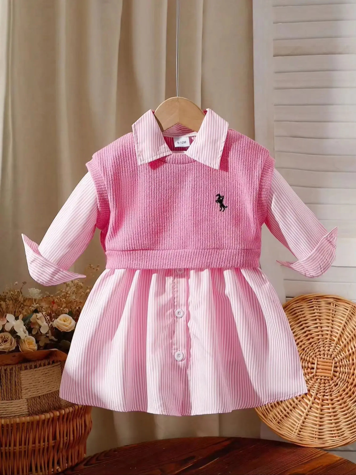 Two-piece baby girl embroidered vest and striped long-sleeved shirt dress for daily casual wear, versatile for spring and summer