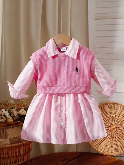 Two-piece baby girl embroidered vest and striped long-sleeved shirt dress for daily casual wear, versatile for spring and summer