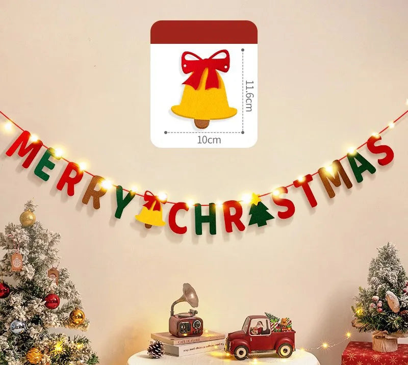 DIY Handmade Pull Flag Banner with LED Light String Merry Christmas Holiday Ornaments Home Room Background Christmas Decoration