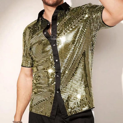 New Arrival Stylish Breathable Sequin Short Sleeve Shirt, Men's Stage Performance Top