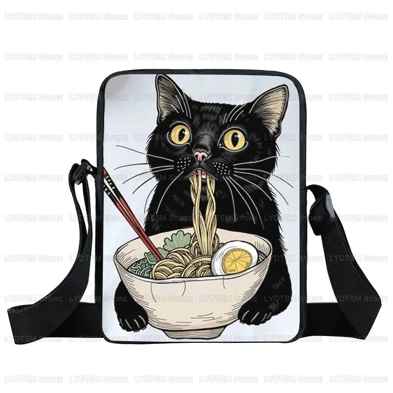 Japanese Black Cat Eating Ramen Print Crossbody Bag Women Shoulder Bag for Travel Phone Wallet Holder Teenager Messenger Bags
