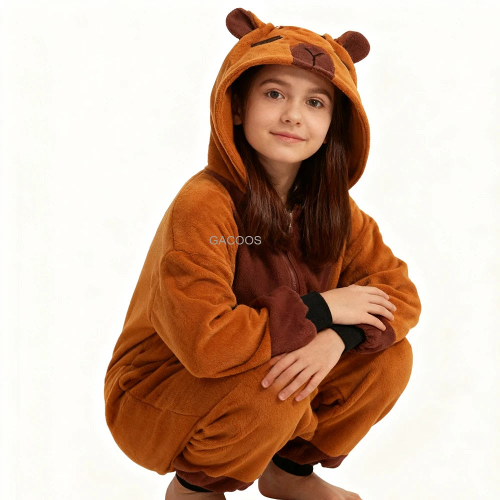 Kids Capybara Onesies Adults Sleepwear Women Men Flannel Cartoon Animal Pajamas Chidlren Christmas Family Performance Jumpsuit