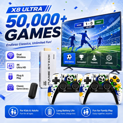 4K HDMI TV Game Stick Retro Video Game Console, 50000+ Pre-installed Games 45 Emulators 2.4G Dual Wireless Controllers X8 Ultra