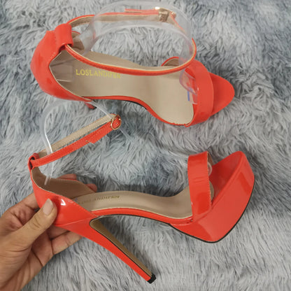 Women Sandals Sexy Open Toes 14cm Supper Flash High Heels Patent Leather Nighclub Platform Party Red Wedding Shoes Plus Size 44