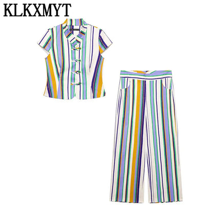 KLKXMYT Chic Stripe Pants Set Women Sleeveless Short Shirt Top Straight Trousers Suits 2026 Summer Woman Outfits ﻿