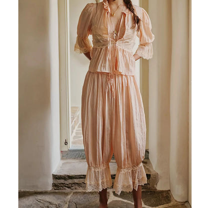 Women Kawaii Lace Trim 2 Piece Clothes Sets y2k Fairy Bow Tie Front Half Sleeve Shirts Ruffles Flared Lantern Pants Loungewear