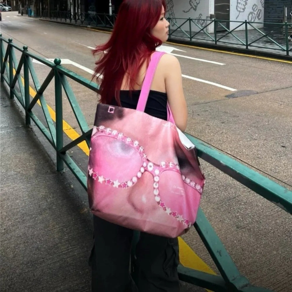 Rhinestone Glasses DuPont Paper Shopping Bag Large Capacity Creative Streetwear Print Tote Bag Handbag Pink Y2K Shoulder Bag