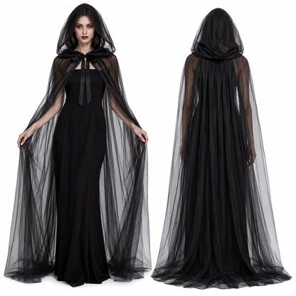 Sheer Tulle Hooded Full‑Length Cape for Women, Lightweight Flowy Gothic Cloak with Neck Tie, Halloween Witch Vampire Cosplay Costume Accessory for Fancy Dress Party Photo Shoot