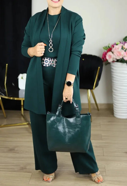 2026 Elegant Ladies Clothing 3 Pieces Set Autumn White Long Cardigan Coat Wide Leg Pants Sets T-shirt  Three-piece Outfit Women