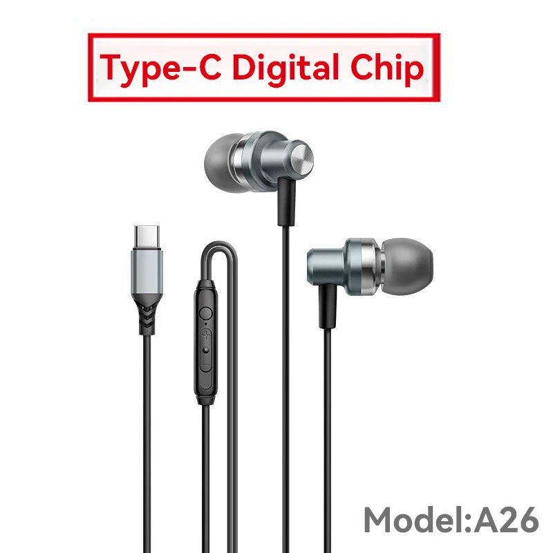 9D HIFI Heavy Bass Gaming Headphones Type-C Digital Chip Metal Magnetic Music Earbuds with Microphone In-Ear Headphone Universal