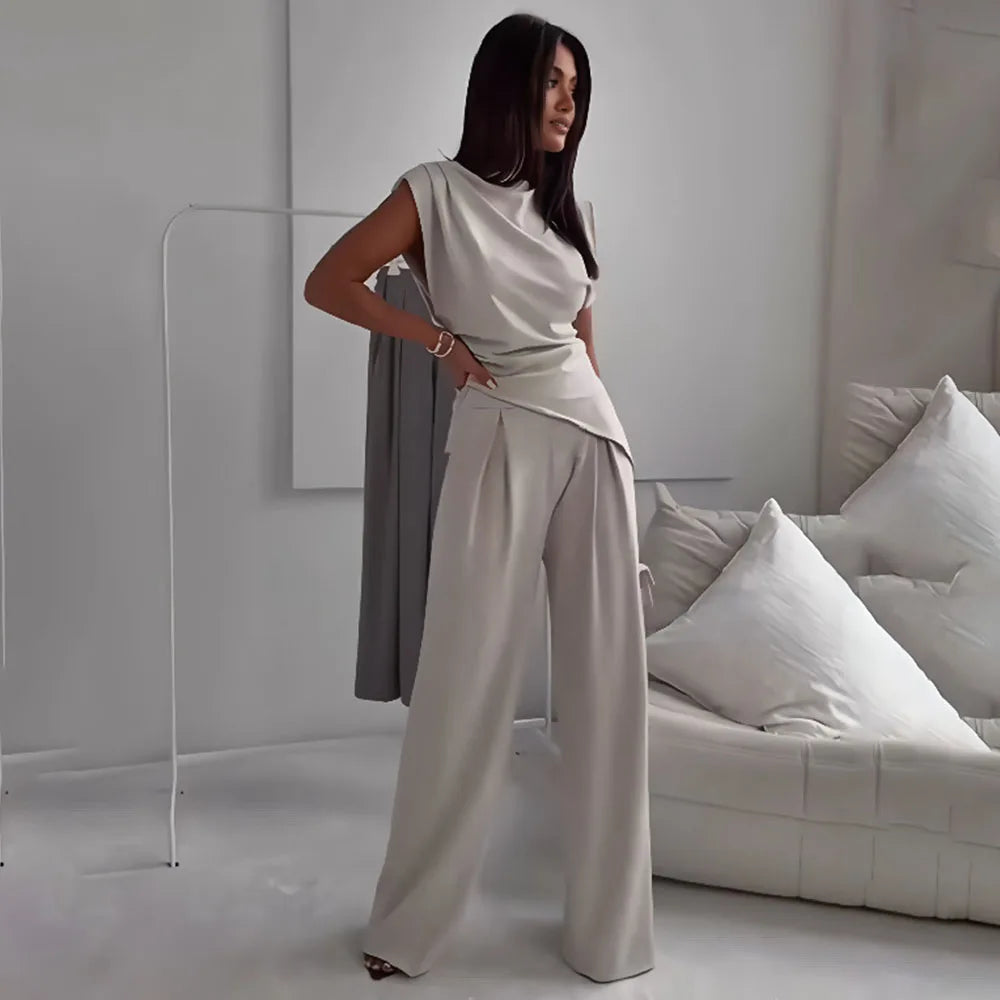Casual Solid Color Two Piece Set Woman Outfit 2025 Summer Fashion Slim High Waist Tops And Trousers Pant Sets Suit