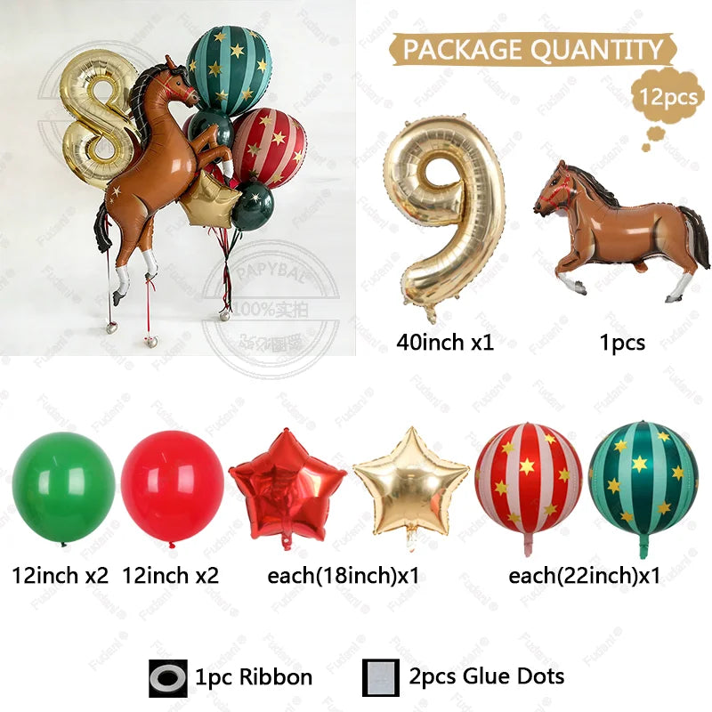12pc Giant Race Horse Striped Star Balloons with 1-9 Cream Number Balloon for Cowboy Animal Theme Birthday Farm Party Decoration