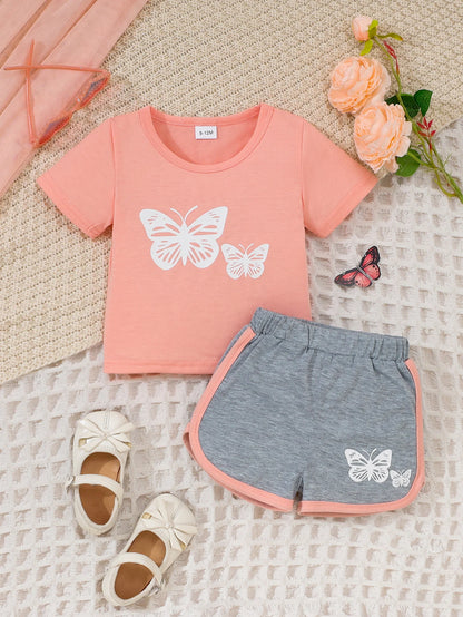 Summer Baby Girls 9-12M Pink Butterfly Print Short Sleeve T-Shirt & Gray Elastic Waist Shorts 2Pcs Set
