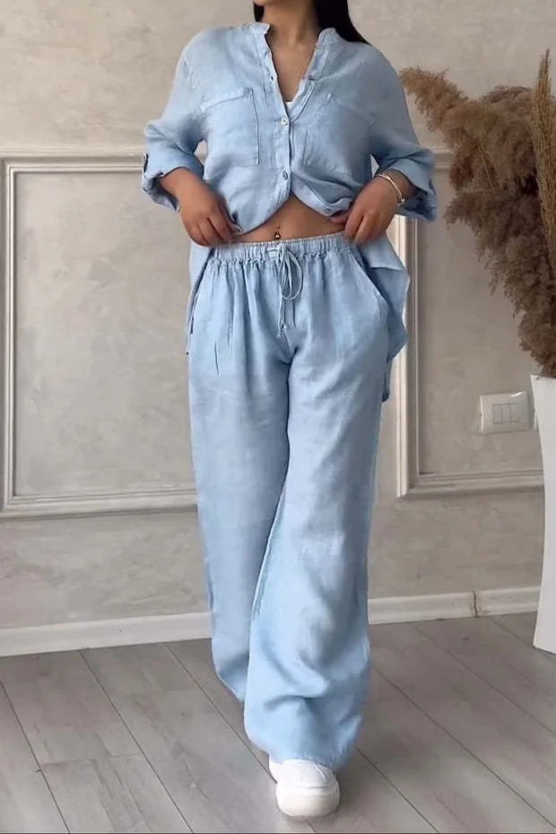 Autumn Cotton And Linen Pant Sets Women Fashion Long Sleeve Shirts Lace Up Pant Two Piece Set Casual Loose Wide Leg Pants Suit