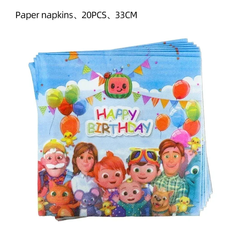 Cocomelon Balloon JJ Melon Watermelon Toy Happy Birthday Banner Party Decoration Backdrop Cake Topper JOJO Disposable Tableware