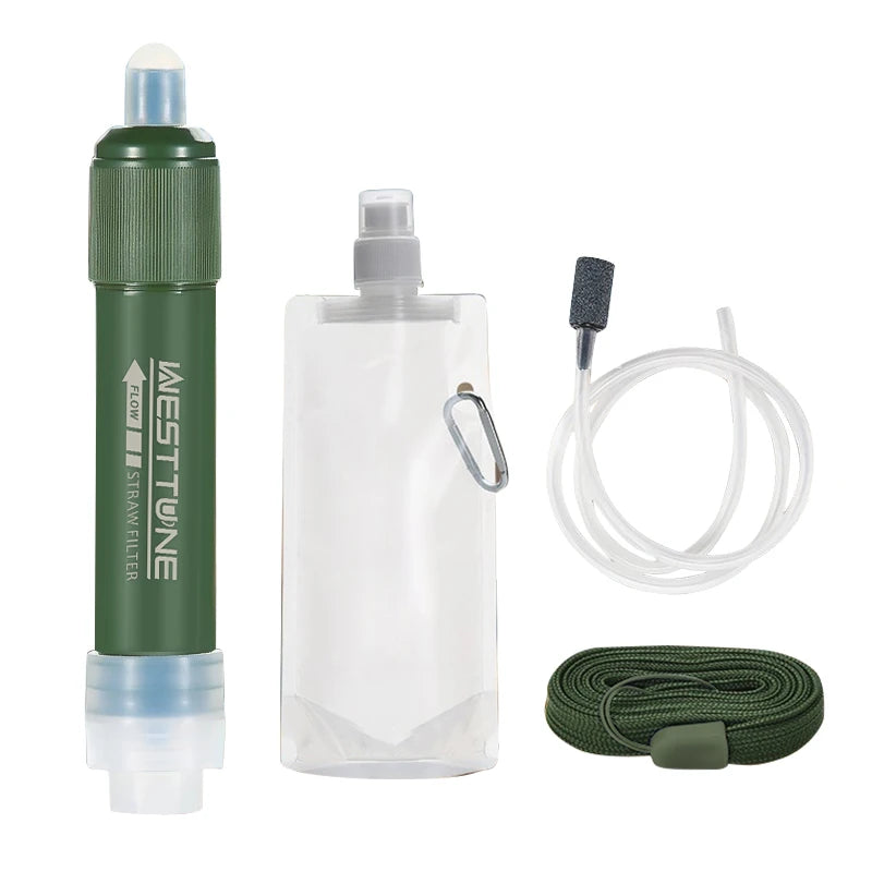 Mini Camping Purification Water Filter Straw TUP Carbon Fiber Water Bag for Survival or Emergency Supplies