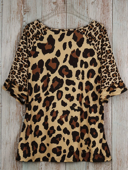 Plus Size Leopard Print T-Shirt Casual Short Sleeve Top For Spring & Summer Women's Plus Size Clothing