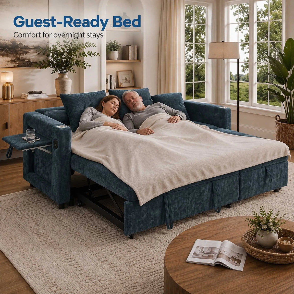 81.8" L-Shaped Sleeper Sofa with Pull Out Bed, Convertible Sectional Couch with Storage Chaise, USB/Type-C Charging and Cup Holders, Plush Chenille Modular Sofa for Living Room, Blue