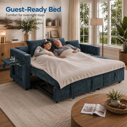 81.8" L-Shaped Sleeper Sofa with Pull Out Bed, Convertible Sectional Couch with Storage Chaise, USB/Type-C Charging and Cup Holders, Plush Chenille Modular Sofa for Living Room, Blue