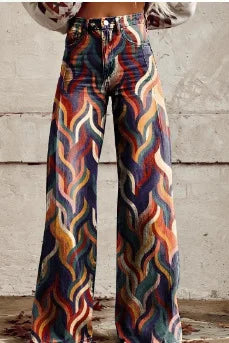 Women's 3D Printed Flare Jeans-Polyester Wide Leg Pants with Distressed Vintage Look, High Waist Comfort Fit for Street Fashion