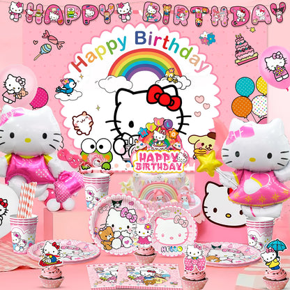 124 Pcs Hello Kitty Party Decorations & Tableware Set - Kitty Plates Backdrop Balloon Banner Etc Hello Kitty Birthday Decoration