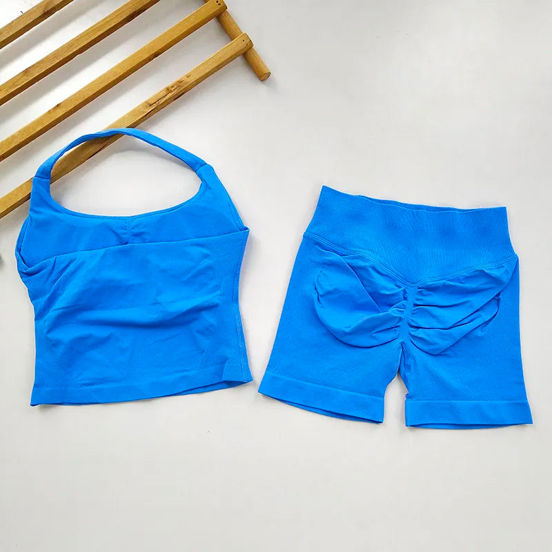 VEQKING Seamless 2pcs Women Yoga Sets Open Back Longline Sports Halter Bras Running Tank Tops Scrunch Butt Gym Workourt Shorts