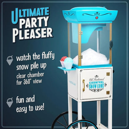 US Shipping Snow Cone Machine Shaved Ice Maker Retro Cart with Wheels Makes 48 Icy Treats Includes Metal Scoop and Storage