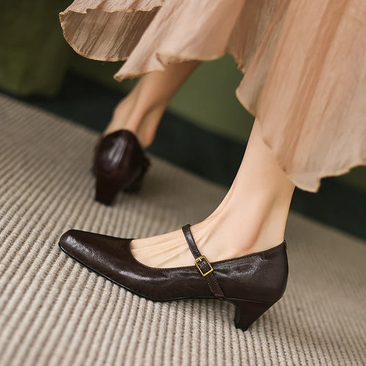 2025 New Spring Women Pumps Sheepskin Leather Women Shoes Pointed Toe Med Heel Concise Slip-on Shallow Handmade Shoes Mary Janes