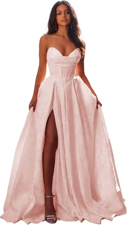 Jacquard Satin Prom Dresses with Slit Strapless Corset A Line Long Formal Gowns Party Evening Gown Formal Dress Women Elegant