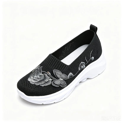 2026 Summer Women Breathable Knit Floral Embroidery Platform Loafers Slip On Walking Shoes Lightweight Soft Cushion Insole Anti Slip Wedge Sole Comfort Casual Daily Outdoor Travel Nurse Footwear Black Khaki Green Multiple Siz