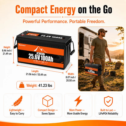 Buknuwo LiFePO4 24V/25.6V 100Ah Lithium Battery With Bluetooth Built-in 100A BMS Grade A Cells 2560Wh Power Energy Storage Battery Low-Temp Protection Capable Of Over 10000 Cycles Support Parallel Battery For Solar,RV,Marine,