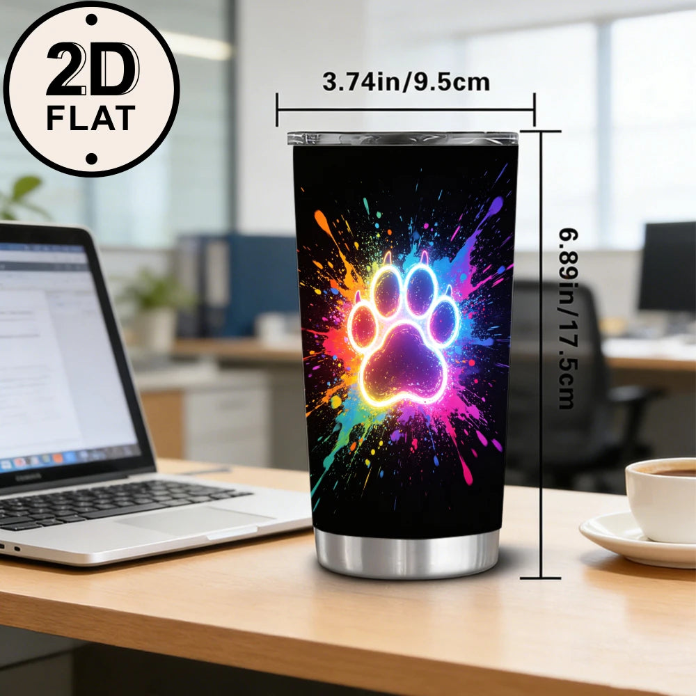 20oz Neon Glowing Paw Print Printed Stainless Steel Tumbler with Lid and Straw, Colorful Paint Splatter Dog Cat Paw Pet Lover Vacuum Insulated Travel Coffee Mug Gifts