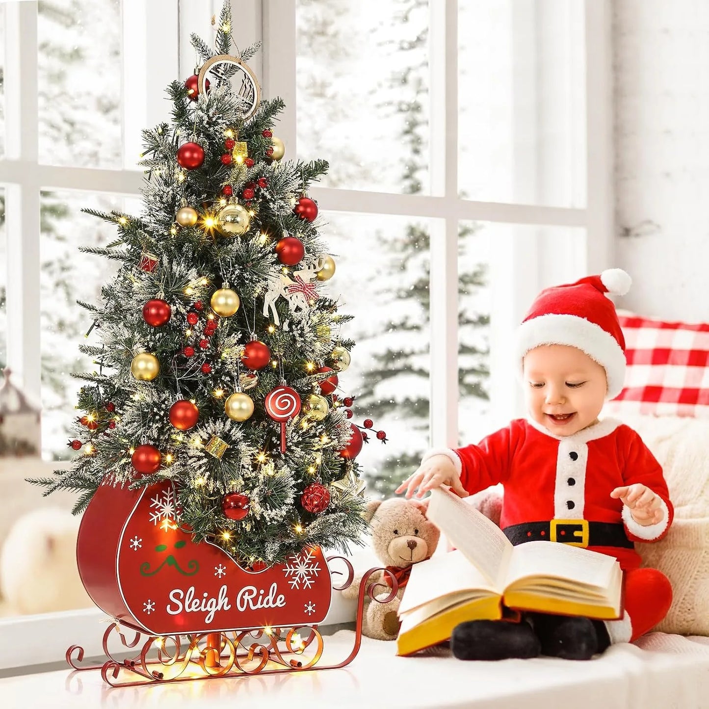3‘ Artificial Christmas Tree Pre Lit Fiber Optic with 78 Warm White LED Lights 8 Mode Lighting Sleigh Ride Base USB Powered Battery Operated Tabletop Xmas Tree No Assembly