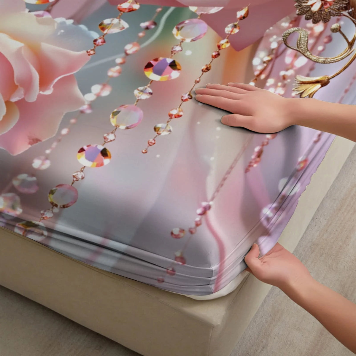 1pc 3D Pink Roses with Crystal Bead Print Fitted Sheet Deep Pocket