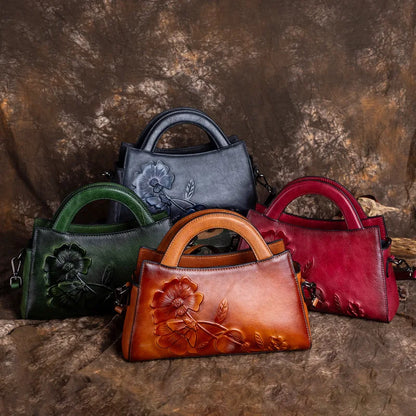 New 2024 Vintage Women's Bag Leather Tote Top Layer Cowhide Crossbody Bag Hand-carved Women's Shoulder