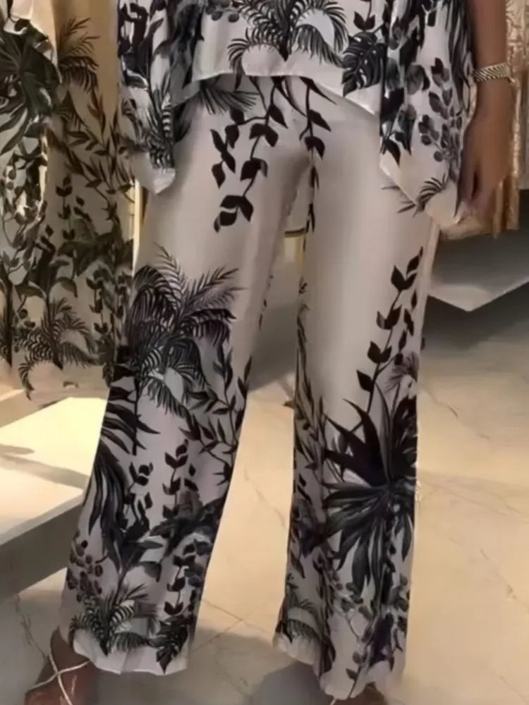 Fashion Short-sleeved V-neck Top + Wide-leg Pants 2-piece Set Women Elegant Spring Loose Irregular Top Floral Print Suit Female