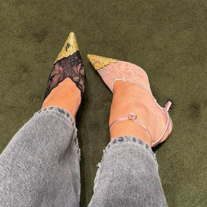 2026 Summer Fashion Lace Sequin Hollow Out Mesh Women Pumps Sexy Pointed Toe Designer Slingback Sandals Women High Heels 34-41