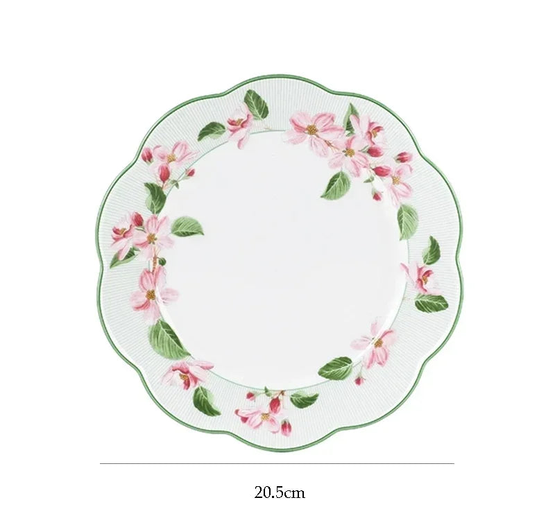 Ceramic Plate Household Bone China Dinner Plate Set Vintage Green Flower Dishes Tableware Oval Large Tray Dinnerware Sets